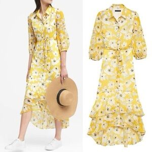 Banana republic yellow floral longsleeve preppy boho tiered tie maxi dress 0 NWT